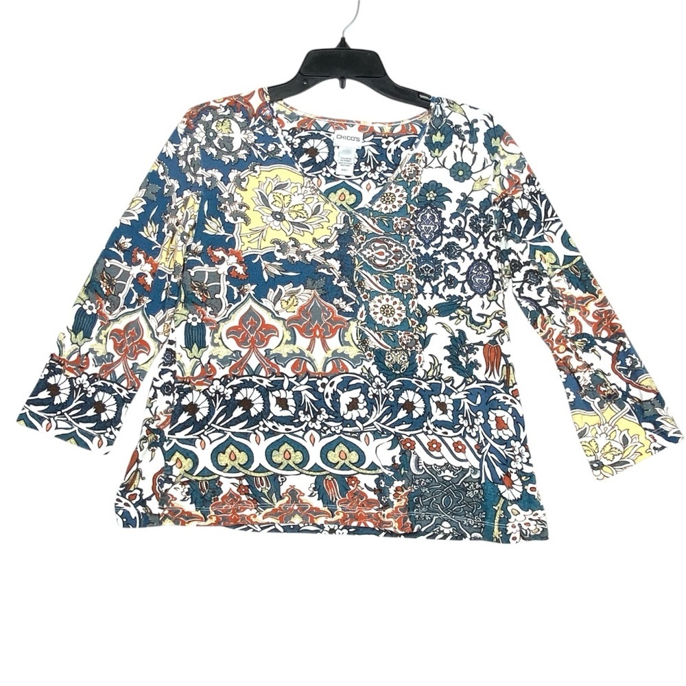 Chico's Paisley Floral Patchwork Top Womens 1 (M/8) Multicolor 3/4 Sleeve V Neck